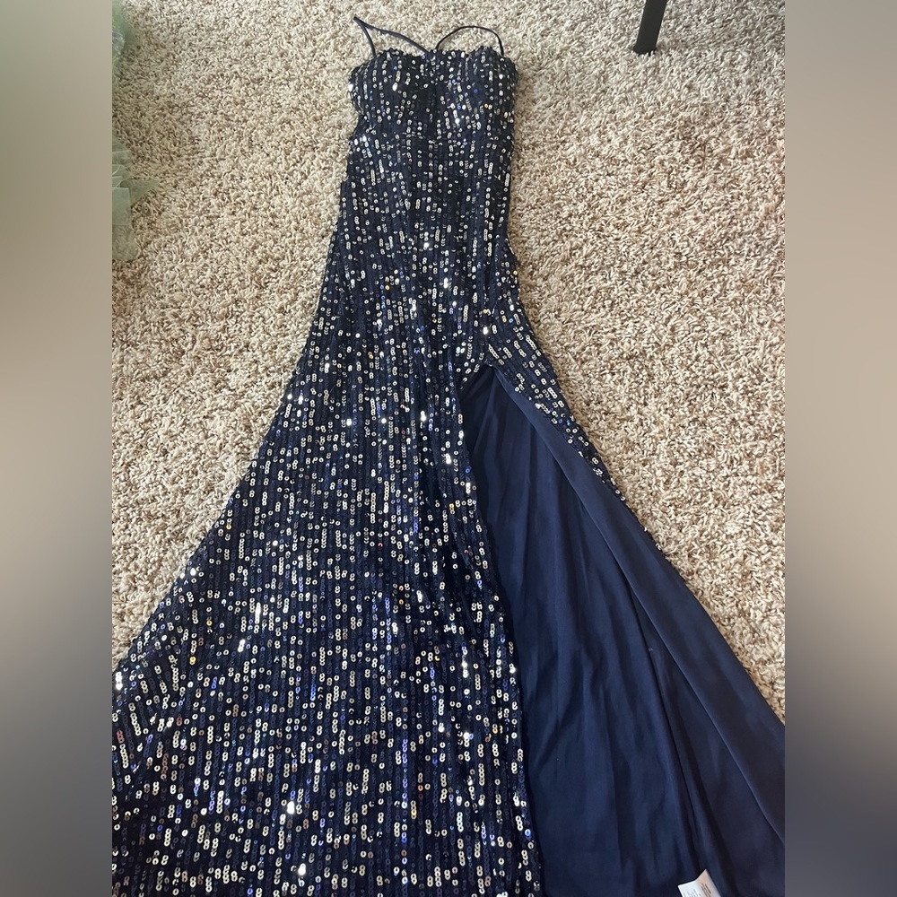 navy sequin prom dress